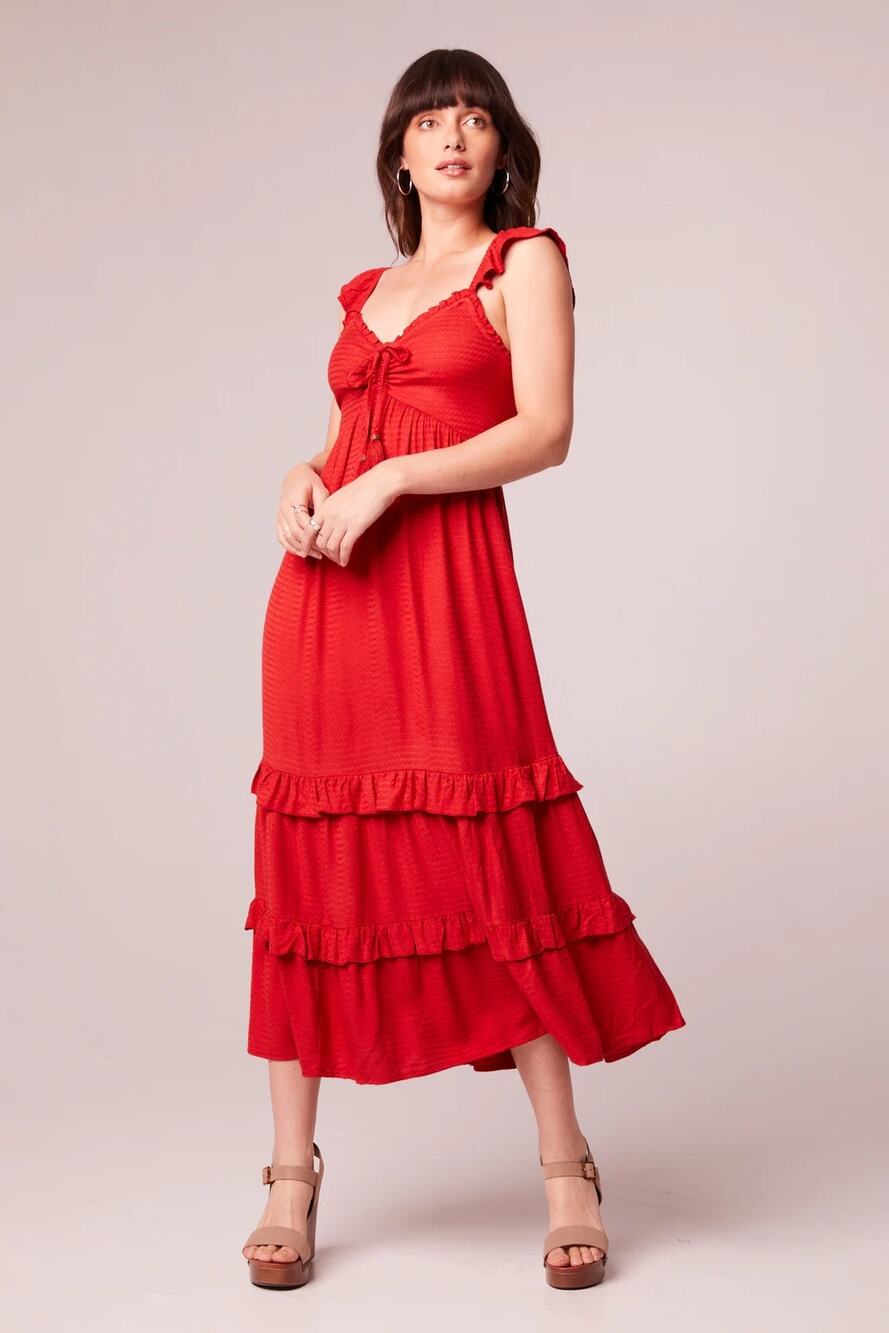 Band of the Free Clarisse Red Tiered Midi Dress L Boho